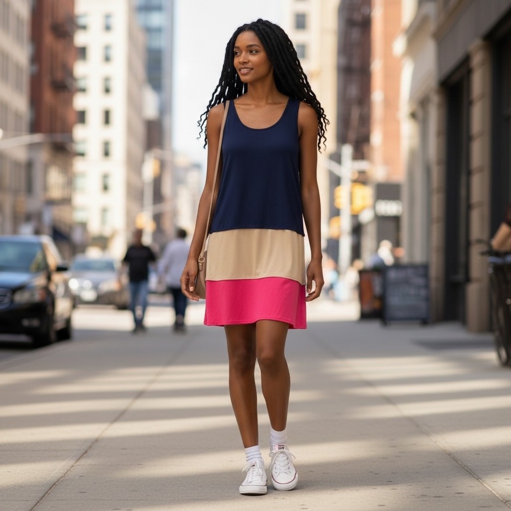 AA Studio AA Dress Women Shift Colorblock Navy Tan Pink 8 NEW Sleeveless Layered